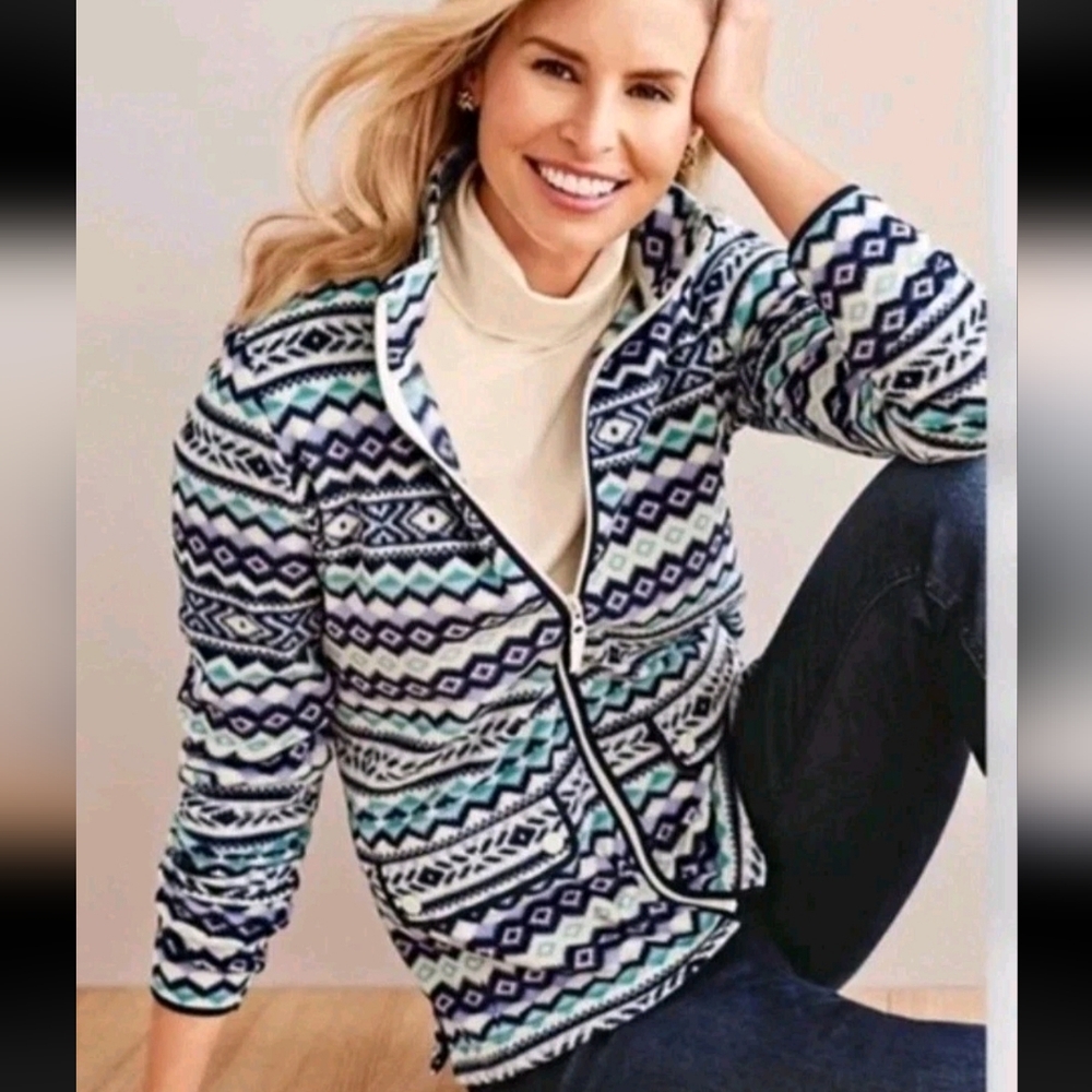 Talbots Far Isle Geo Print Full Zip Fleece Jacket Size Petite Small Outdoor Cozy
